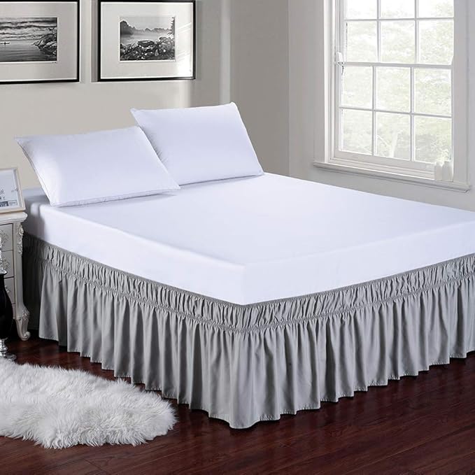 MEILA Wrap Around Bed Skirt Three Fabric Sides Elastic Dust Ruffled 16 Inch Tailored Drop,Easy to Install Fade Resistant-Grey, Twin/Full
