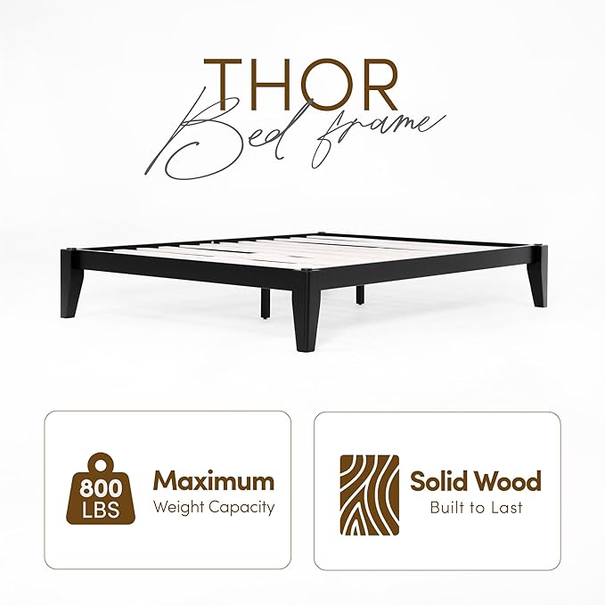 Bed Frame - Solid Wood Platform Bed - Japanese Joinery Bed Frame - Wood Slat Support - No Box Spring Needed - Easy Assembly - Minimalist & Modern Style (Midnight Charcoal, Queen)