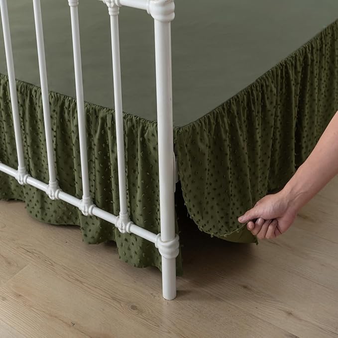 Tufted Dot Bed Skirt Queen Size Ruffled Bed Skirt with Split Corners, 12 Inch Drop Dust Ruffle Bed Skirts with Platform, Olive Green