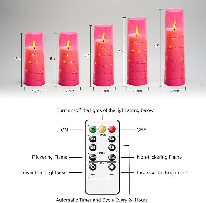 Flameless LED Candles with Timer 5 Pc Flickering Flameless Candles for Romantic Ambiance and Home Decoration Stable Acrylic Shell,with Embedded Star String，Battery Operated Candles(Pink)