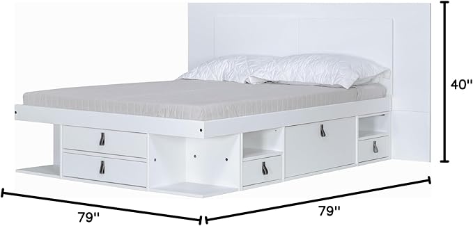 memomad Bali Slim Set: Storage Platform Bed with Drawers + Flat Panel Headboard (Full Size, White Wood)