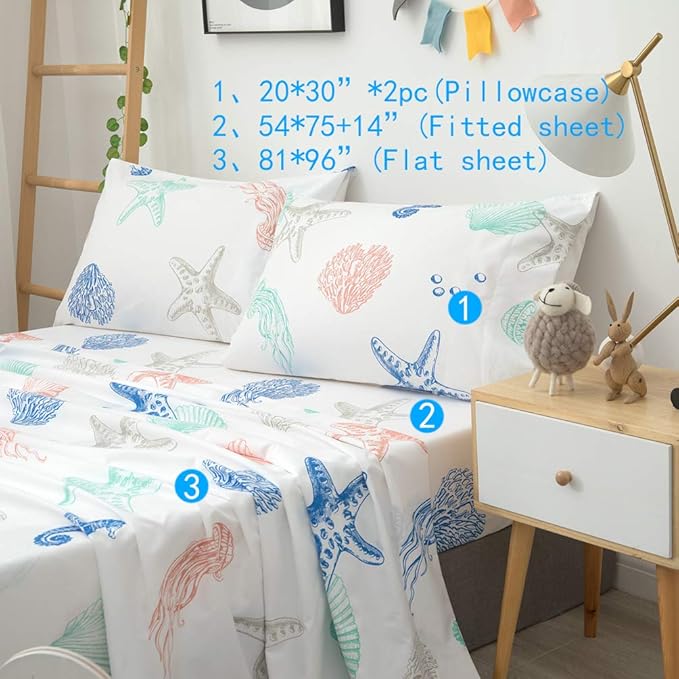 JSD Beach Theme Kids Printed Sheet Set Full, 4 Piece Starfish Jellyfish Coastal Summer Microfiber Bed Sheets Deep Pocket