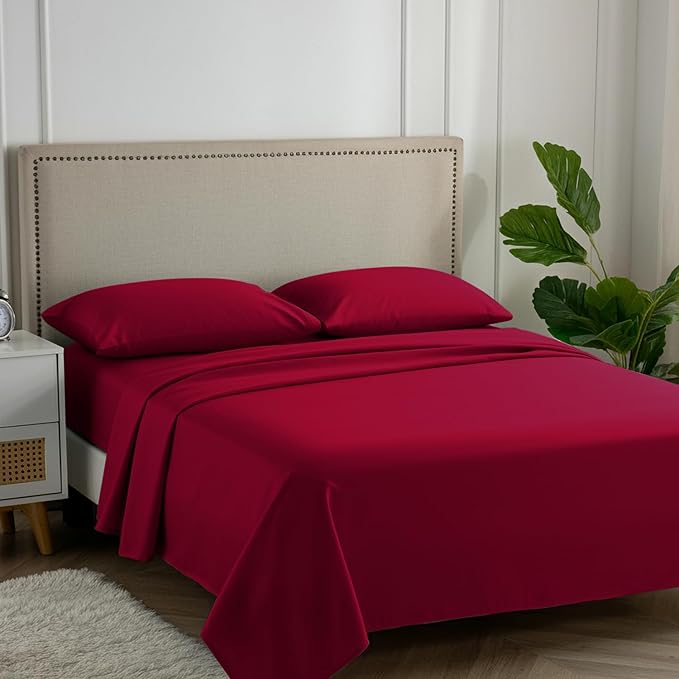 Carressa Linen 100% Egyptian Cotton King Size Sheets Set - 600 Thread Count Egyptian Cotton Queen Sheets King Size (4 PC, True Red), Soft, Cooling, 16" Deep Pocket Sateen Weave Luxury Hotel Bed Sheet