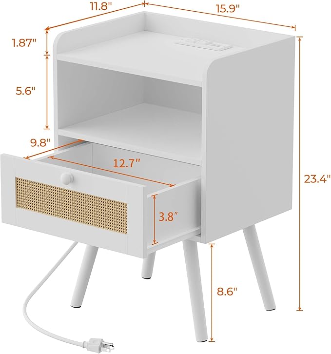 SUPERJARE Nightstands with Charging Station, Bedside Table Set of 2 with PE Rattan Drawers, Rattan Side Table with Storage & Solid Wood Feet, End Table for Bedroom, White