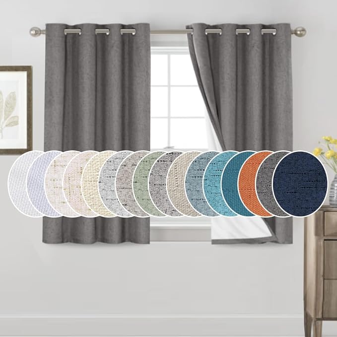 PrinceDeco Blackout Curtains Linen Textured 100% Thermal Insulated Sun Blocking Drapes for Bedroom Nursery Grommet Room Darkening Linen Curtains with White Liner, 2 Panels Set,52" W x 54" L,Grey