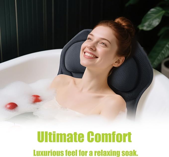 Full Body Bath Pillow for Tub - Extra Long & Thick Tub Pillow with Head, Back & Lumbar Support, 168 Non-Slip Suction Cups, Soft 5D Mesh Spa Cushion, Fits All Tubs-Gift for Soaking(Gray)