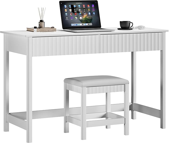 ChooChoo 47.2 Inch Modern Desk with Drawers, Makeup Vanity Desk with Padded Stool, Writing Computer Desk for Home Office & Bedroom, White