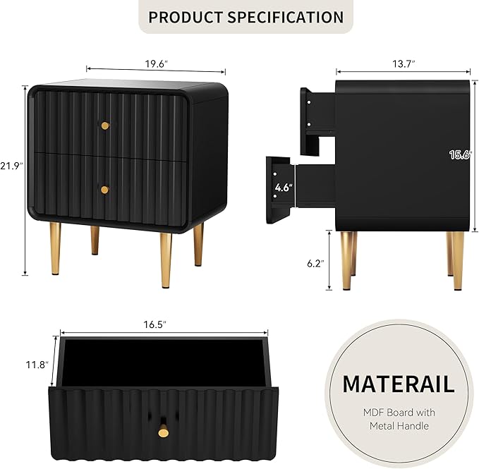 HLR Modern Nightstand Set of 2, Fluted Bed Side Table with 2 Drawers Storage, Wood End Table with Gold Metal Handle, Black Night Stands for Bedroom