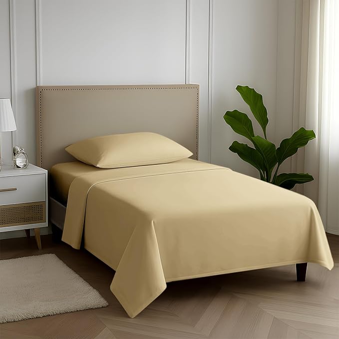 Carressa Linen 100% Egyptian Cotton Twin XL Sheets Set - 600 Thread Count Luxury Egyptian Cotton Sheets Twin XL Size (3 PC, Beach Sand), 16" Deep Pocket, Soft, Cooling, Sateen Weave Dorm Room Bedding