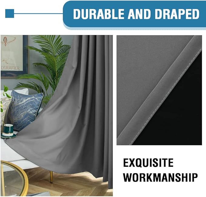 H.VERSAILTEX 100% Blackout Curtains for Bedroom Thermal Insulated Curtains & Drapes Blackout Curtains 96 Inches Long Rod Pocket Curtains for Living Room with Black Liner 2 Panels Set, Grey