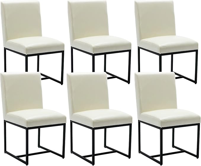 CIMOTA Modern Dining Chairs Set of 6, Leather Dining Room Chairs Upholstered Armless Guest Side Chair with Black Base for Dining Room/Kitchen, Cream 6PCS