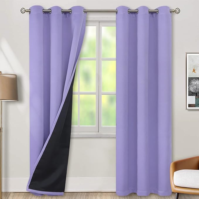 BGment Thermal Insulated 100% Blackout Curtains for Bedroom with Black Liner, Double Layer Full Room Darkening Noise Reducing Grommet Curtain (42 x 84 Inch, Lavender, 2 Panels)