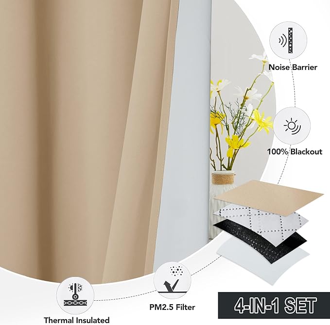 RYB HOME 100% Blackout Curtains, Noise Reducing 108 inch Curtains Dust Filter Draft Block Window Drapes Privacy Drapes for Living Room Playroom Nursery, W52 x L108 inch, Biscotti Beige, 2 Panels