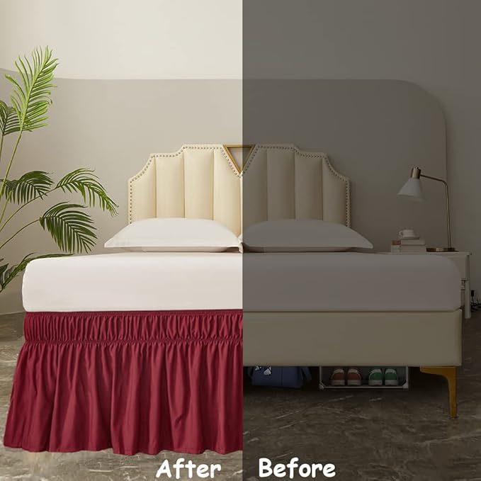 MEILA Wrap Around Bed Skirt Three Fabric Sides Elastic Dust Ruffled 16 Inch Tailored Drop,Easy to Install Fade Resistant-Burgundy, Twin/Full