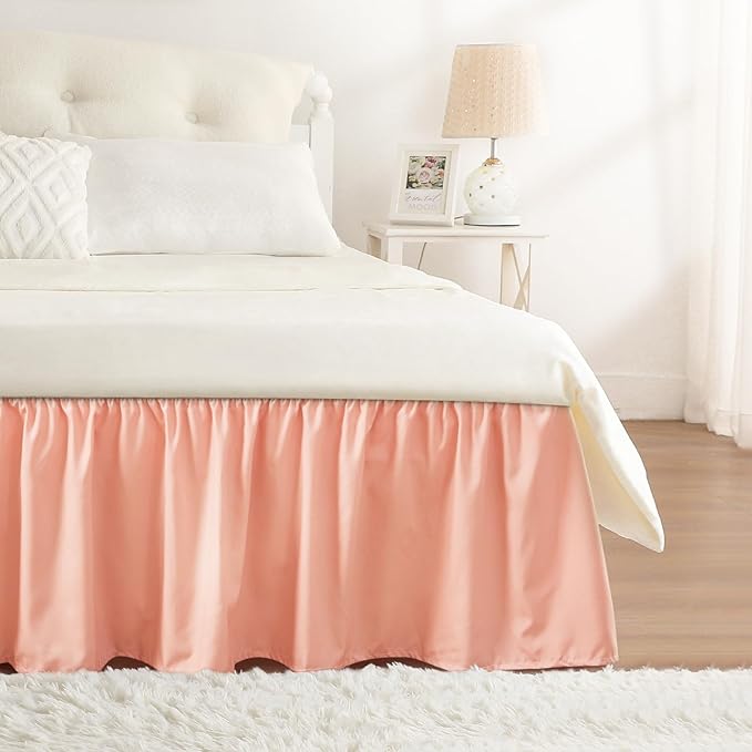 RIMELA Peachy Coral Bed Skirt Queen Size 18 Inch Drop, Wrap Around Elastic Bedskirt, Dust Ruffle for Adjustable Bed Base Machine Washable Easy to Install Bed Skirts