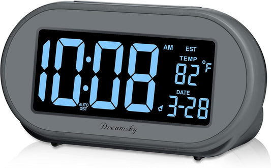 DreamSky Alarm Clocks for Bedrooms, Auto Set Digital Desk Clock for Bedside Nightstand, Electric Clock with Dimmable Brightness Dimmer, Auto DST, USB Port, Date, Temperature, Snooze