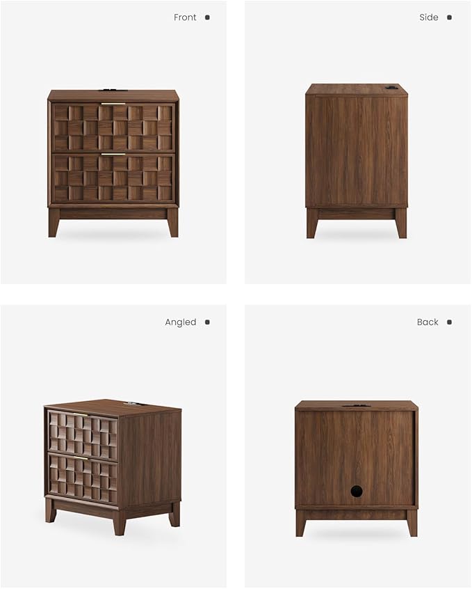 COLAMY Night Stand Set of 2, Nightstand with Charging Station, 22" Modern Bed Side Table with 2 Storage Drawers and Chessboard Relieffor Bedroom, Dorm and Small Spaces - Walnut