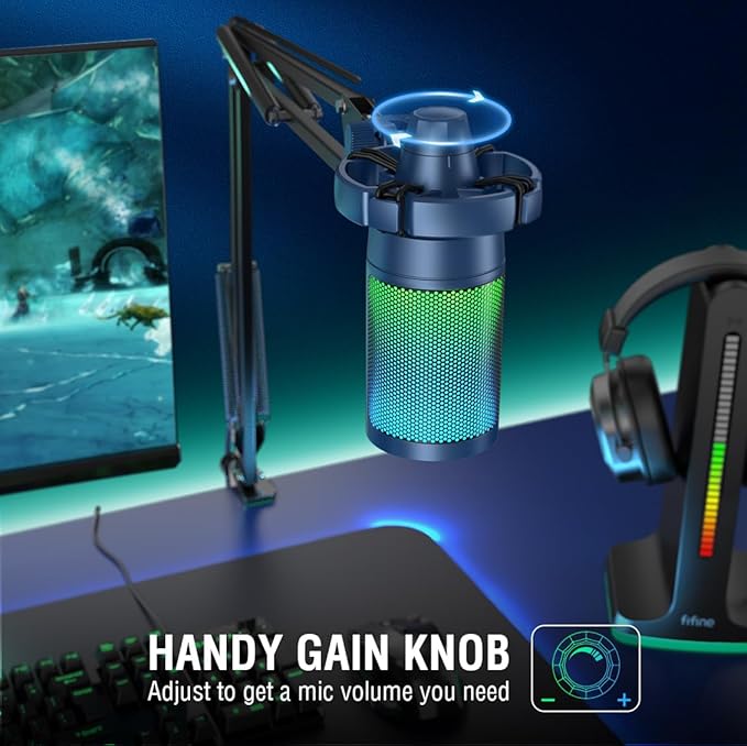 FIFINE USB Gaming Streaming Recording PC Microphone Kit, RGB Condenser Computer Mic Bundle for Podcasts, Audio, Vocal, Video on Mac/Desktop/Laptop, with Boom Arm Stand-A6T Blue