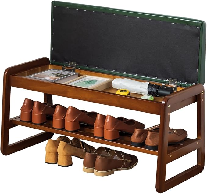 latifolia Solid Wood Bench, Entryway Shoe Bench with Cushion, Flip-Open Storage Compartment, 2-Tier Shoe Organizer(Green,31.50''L)