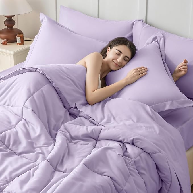 JOLLYVOGUE Full Comforter Set, Ultra-Soft Bed in a Bag Full Size 7 Pieces, Oeko-TEX Certified Bedding Set with Down Alternative Comforter, Sheets, Pillowcases & Shams, Lavender