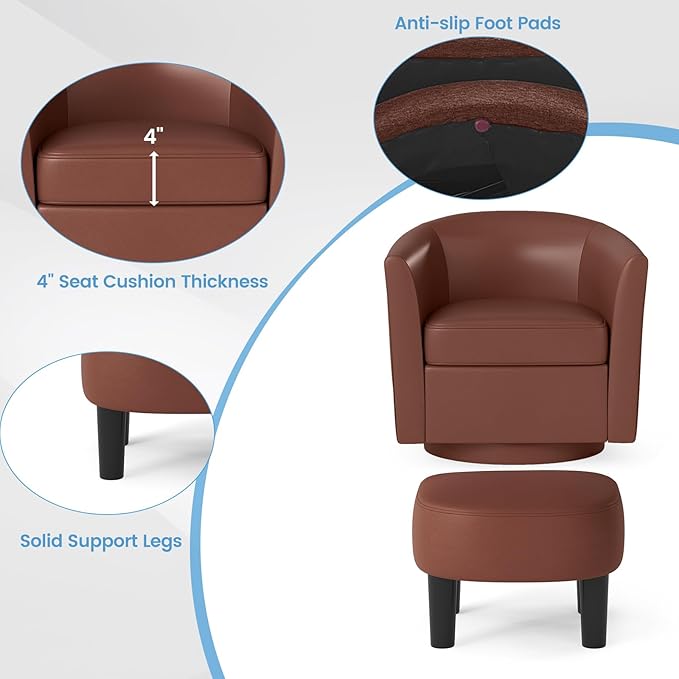 Giantex Swivel Small Accent Chair with Ottoman, Modern Faux Leather Barrel Club Chair w/Footrest, Removable Seat Cushion, Swivel Single Sofa Arm Chair for Living Room, Bedroom, Office (Brown)