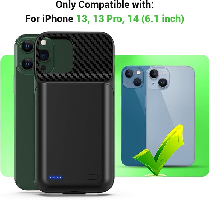 13800mAh High Capacity Battery Case for iPhone 14, for iPhone 13, 13 Pro (6.1 inch), 2025 Upgraded Battery Pack Rechargeable Charger External Charging Case w/Tempered Glass Screen Protector Black