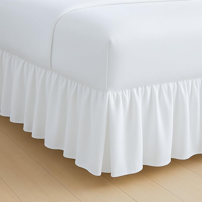 Rajlinen Ruffled Bed Skirt Queen, 21 Inch Drop Dust Ruffle with Split Corners, 100% Microfiber Bedskirt with Platform, Three-Sided Coverage Ruffled Gathering Design, White