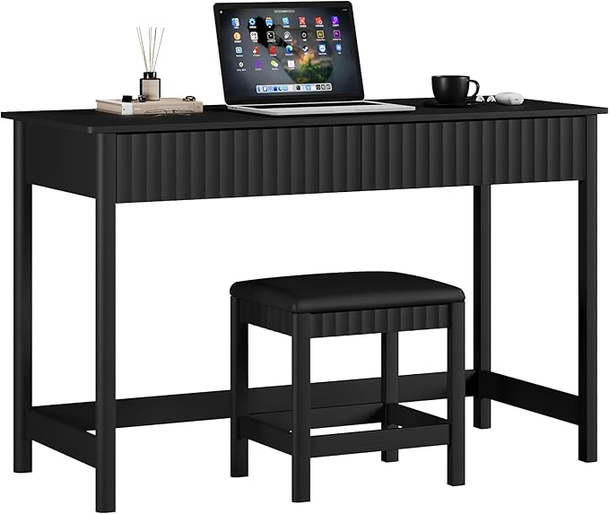 ChooChoo 47.2 Inch Modern Desk with Drawers, Makeup Vanity Desk with Padded Stool, Writing Computer Desk for Home Office & Bedroom, Black