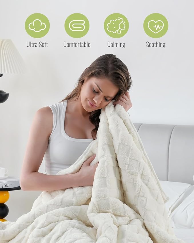 Uttermara Weighted Blankets for Adults Full Size(15lbs, 48" x 72", Cream White), 3D Jacquard Checkered Warm Sherpa Heavy Blanket, Soft Fuzzy Weighted Blankets for Couch Bed Sofa