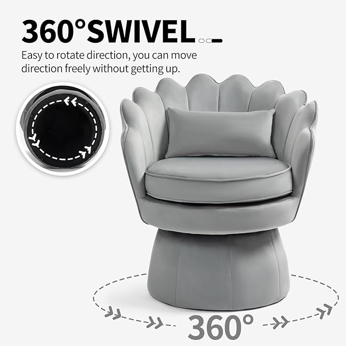 360° Swivel Accent Chairs Set of 2, Mid-Century Modern Velvet Barrel Chair, Comfy Shell Shape Chair with Lumbar Pillow for Living Room, Bedroom, Office, Grey