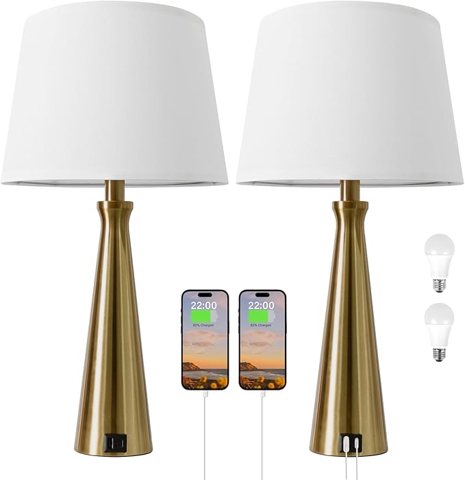Seealle Modern Table Lamps Set of 2 - Touch Bedside Lamp for Nightstand with Dual USB C+A,3-Way Dimmable Coppery Nightstand Lamps for Living Room Bedroom End Table with White Shade(Bulb Included)
