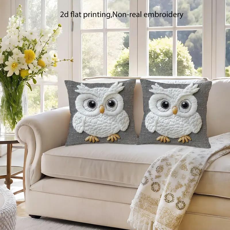 Decorative Owl Throw Pillow Cover, 2D Printed Design on Gray - Image 2