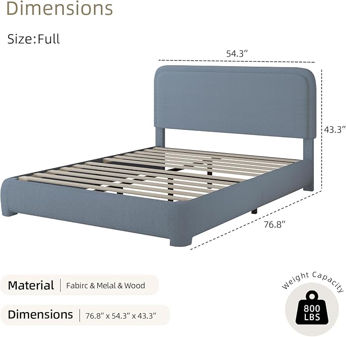 BarnFurin Full Size Bed Frame,Cloud Boucle Upholstered Platform Bed Frame with Headboard, Modern Style, Soft Rounded Corners, No Box Spring Required, Easy Assembly, Blue