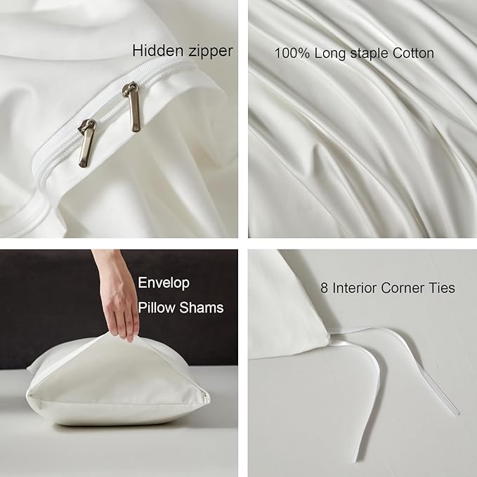 PURE ERA Duvet Cover Set 800 Thread Count Long Staple Cotton Sateen Silky Soft Luxurious Smooth 3 Piece Set Solid White Queen