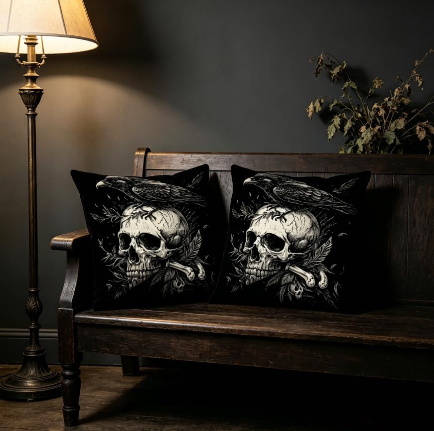 Gothic Skull Raven Throw Pillow Covers, 18x18 Inch, Machine Washable, Halloween - Image 5