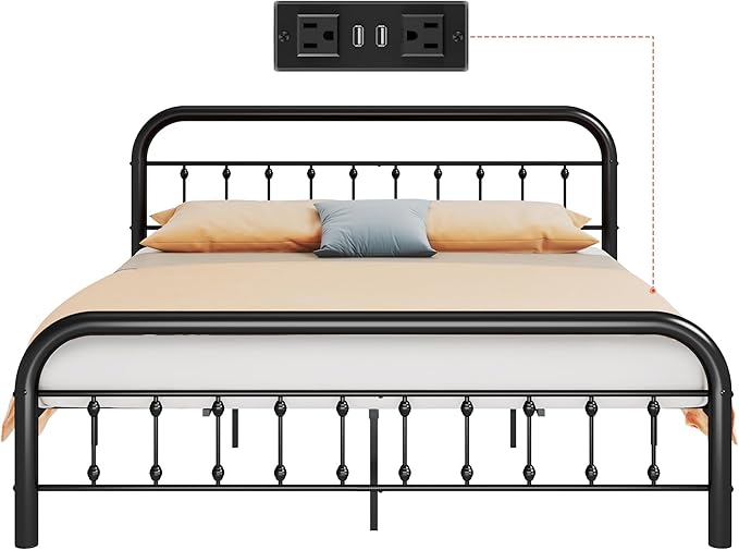WLIVE Metal Platform Bed Frame, King Size Bed Frame with Headboard, Bed Frames with LED Lights and Charging Station, 1500LBS Mattress Foundation, Under Bed Storage, No Box Spring Needed, Black