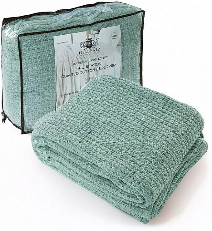 HILLFAIR 100% Combed Cotton Blanket– Queen Bed Blanket– Soft Cozy Warm Multipurpose Throws for Luxury Home Decor– 90 x 90 inch Queen Size Cotton Blankets for Beds- Bed Blankets for All Season- Sage