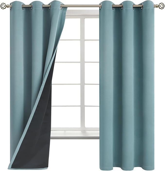 BGment Thermal Insulated 100% Blackout Curtains for Bedroom with Black Liner, Double Layer Full Room Darkening Noise Reducing Grommet Curtain (42 x 63 Inch, Greyish Blue, 2 Panels)