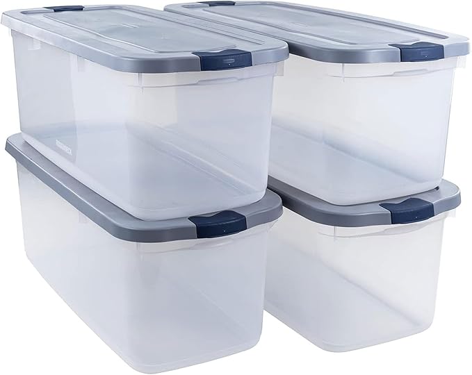 Rubbermaid Roughneck Clear 95 Qt/23.75 Gal Storage Containers, Pack of 4 with Latching Grey Lids, Visible Base, Sturdy and Stackable, Great for Storage and Organization