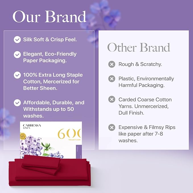 Carressa Linen 100% Egyptian Cotton King Size Sheets Set - 600 Thread Count Egyptian Cotton Queen Sheets King Size (4 PC, True Red), Soft, Cooling, 16" Deep Pocket Sateen Weave Luxury Hotel Bed Sheet