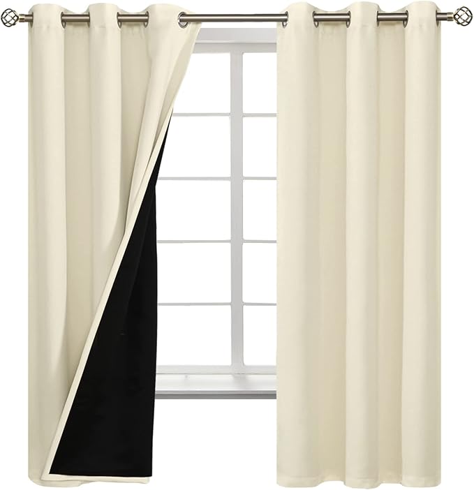 BGment Cream 100% Blackout Curtains for Bedroom 63 Inch Length 2 Panels Set, Thermal Insulated Full Light Blocking Grommet Noise Cancelling Window Curtains&Drapes with Black Liner, 42 Inch Wide Each