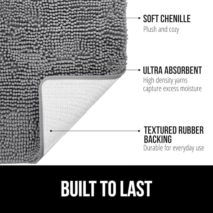GORILLA GRIP Bathroom Rug Sets 3 Piece, Bath Mat Set and Oval Toilet Base with Rubber Backing, Plush Absorbent Shaggy Chenille Washable Mats, Includes 24x19.5, 24x17 and 30x20 Inch Rugs, Grey