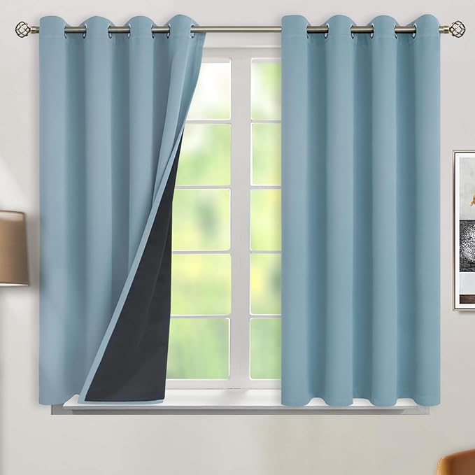 BGment Short 100% Blackout Curtains for Bedroom, Thermal Insulated Lined Energy Efficiency Noise Reducing Grommet Curtains 45 Inch Length for Small Window 2 Panels Each 52 Inch Wide, Greyish Blue