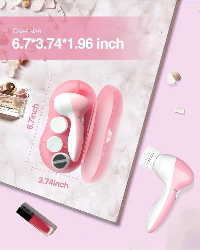 Electric Facial Cleansing Brush for Women, 3-in-1 Face Cleanser and Exfoliator Brush with 3 Brush Heads, 2 Speeds, Waterproof Spin Brush, Travel Size Case (Pink, Battery Operated)