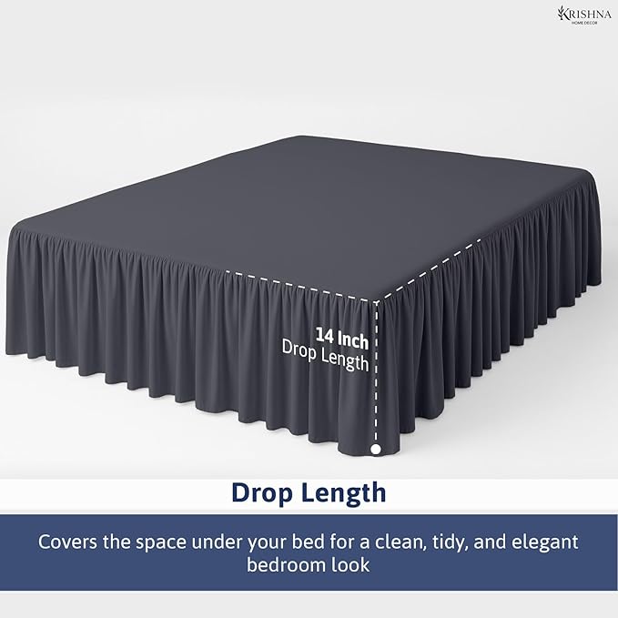 KRISHNA Ruffled Bed Skirt with Split Corners Twin, 100% Microfiber Hotel Quality, 14 Inch Drop Dust Ruffle Gathered Bedskirt with Platform, 39" x 75", Dark Grey