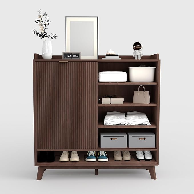 IDEALHOUSE Fluted Shoe Cabinet Storage with 2 Flip Drawers & Sliding Door & Adjustable Shelf Rack，Freestanding Wood Narrow Hidden Shoe Organizer for Entryway, Hallway, Living Room