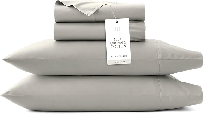 BOLL & BRANCH Signature Hemmed Sheet Set - Twin XL, Pewter - Luxury 100% Organic Cotton - Includes 1 Flat, 1 Fitted, 2 Pillowcases - Buttery Soft