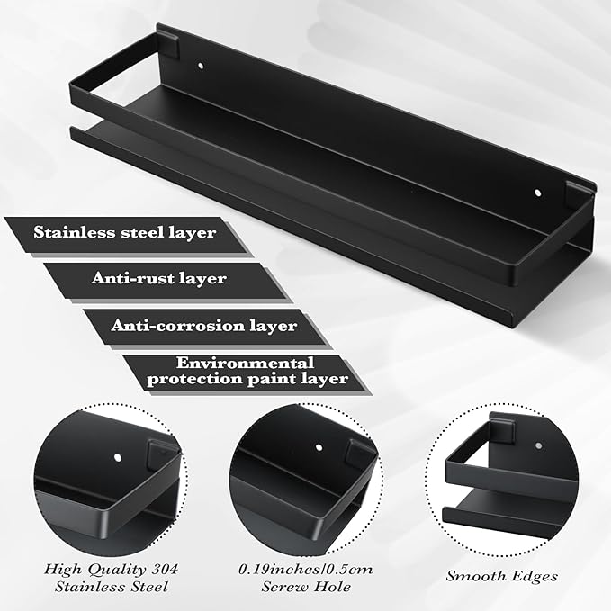 Lallisa 2 Pieces Stainless Steel Shelf Bathroom Shower Floating Shelves Wall Mounted Shower Caddy Basket Shelf Storage Organizer Shelves for Bathroom, Kitchen, Living Room (Black,15.75 Inch/ 40 cm)