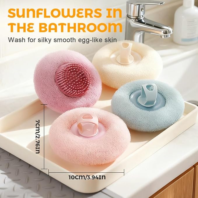 Super Soft Sunflower Suction Cup Bath Ball, 2025 New Exfoliating Bath Bath Sponge Cleaning Brush with Finger Rings for Women and Men (Begie, 4 pcs)