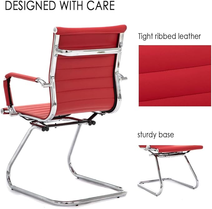 Wahson Office Guest Chairs Set of 2, Leather Reception Chairs, Mid Back Waiting Room Chair, Conference Chairs with Sled Base, Desk Chair No Wheels for Meeting/Lobby/Restroom, Dark Red